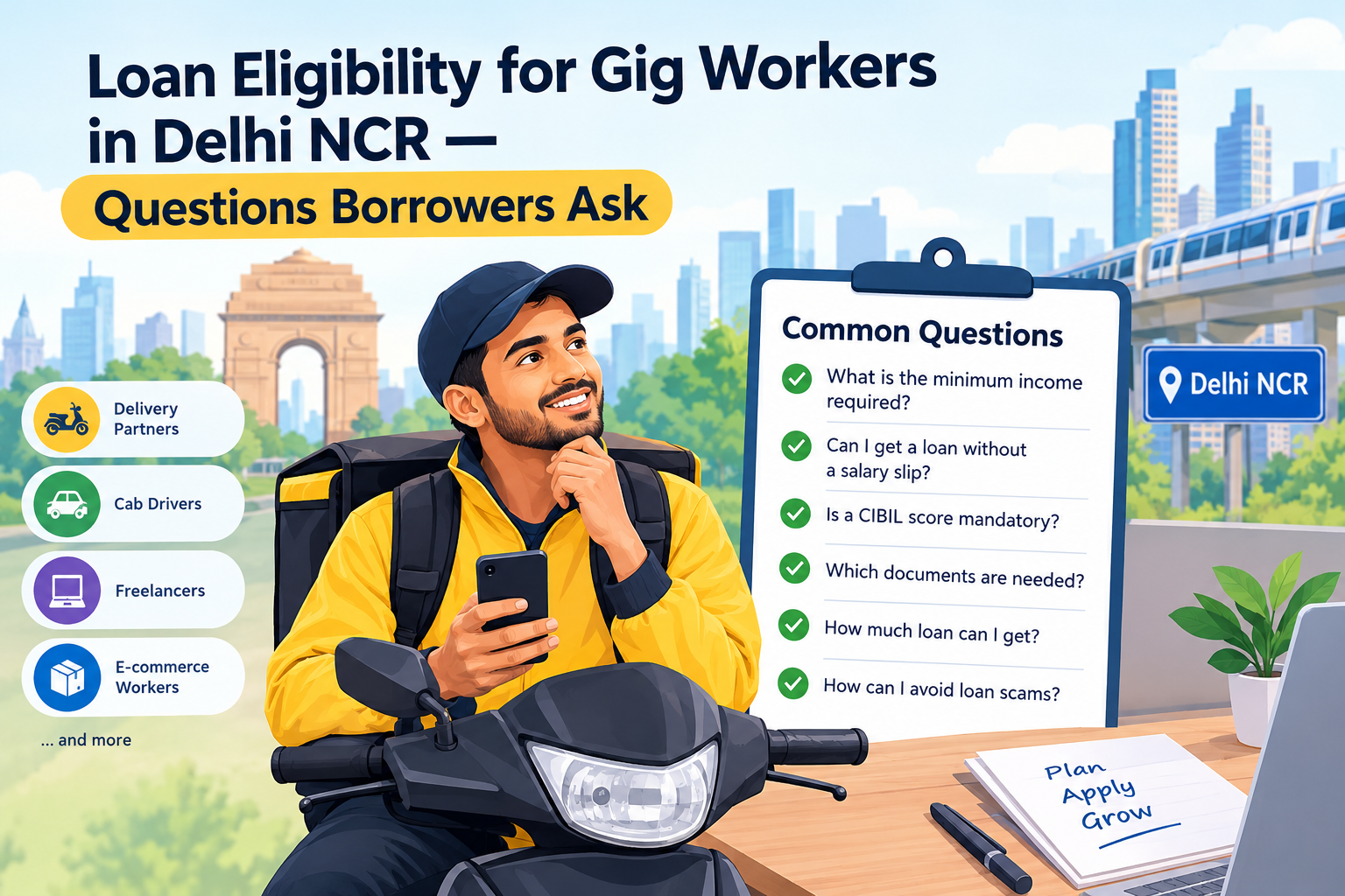 Loan eligibility for gig workers in Delhi NCR, featuring a delivery partner and common borrower questions about income requirements, CIBIL score, loan documents, loan amounts, and safe borrowing.